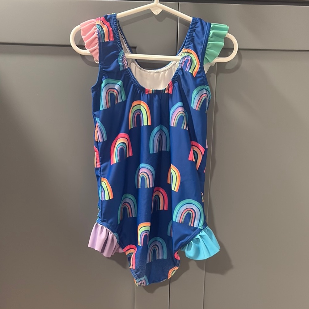 Blue and Pink One Piece Swimwear with Rainbow Pattern